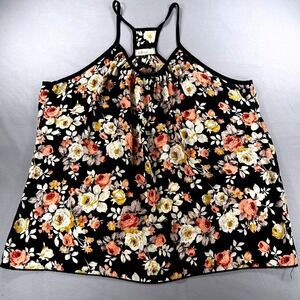 VTG Millibon USA Floral‎ Tank Top Black Sleeveless Blouse Racerback Summer Large